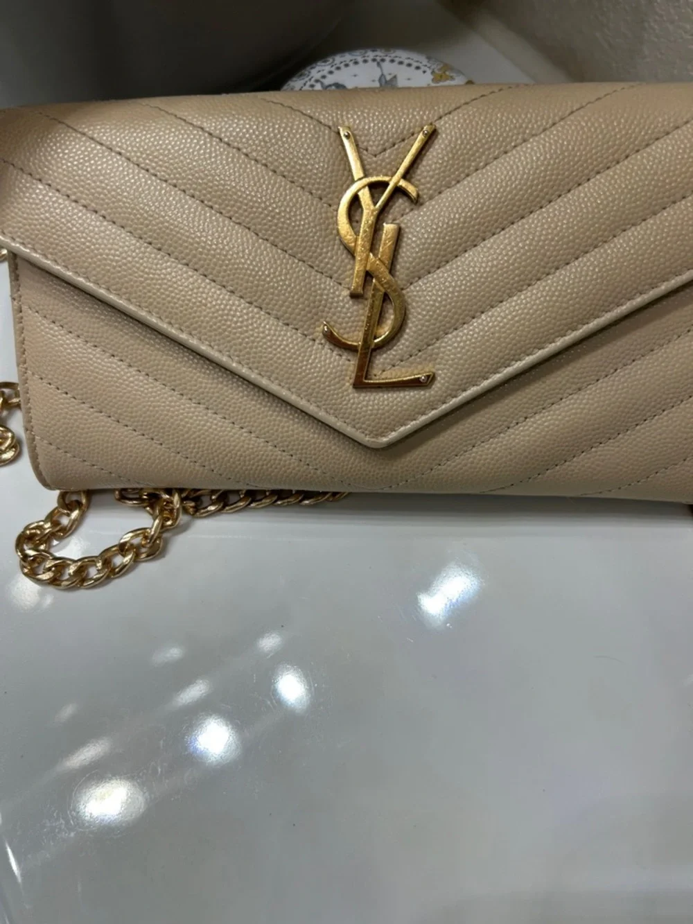 YSL Cassandre Beige Quilted Leather Wallet-on-Chain with Gold YSL Hardware - Picture 3 of 10